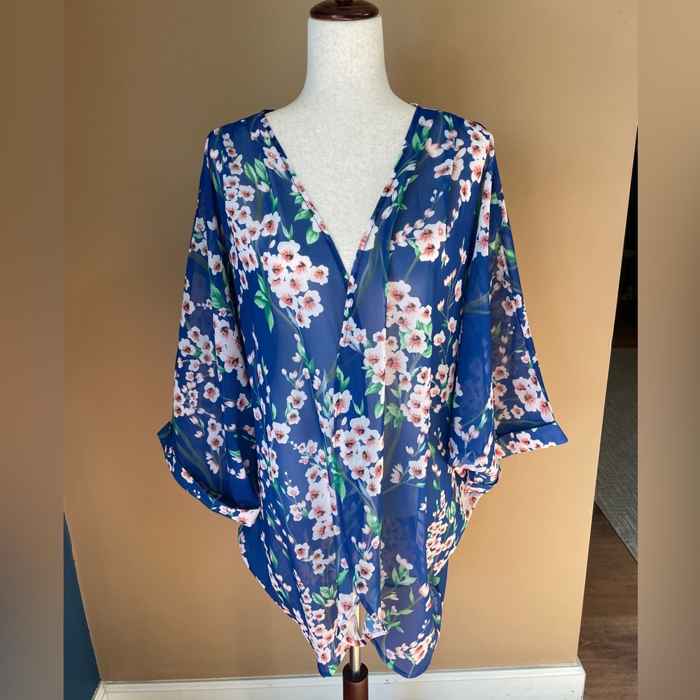 Sheer Floral Womens Kimono Cover Up Blue Size 2XL XXL NWT Vacation Resort